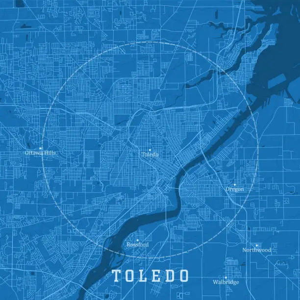 Vector illustration of Toledo OH City Vector Road Map Blue Text