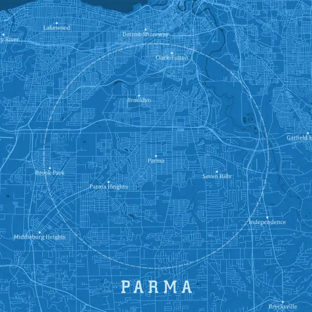 Vector illustration of Parma OH City Vector Road Map Blue Text