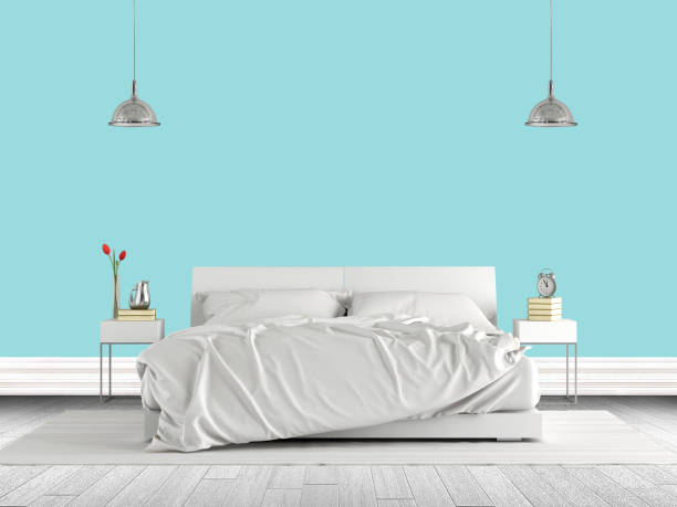 istock Minimalist master bedroom with double bed against bright blue wall - 3d rendering 1317962136
