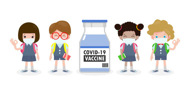 ilustraciones, imágenes clip art, dibujos animados e iconos de stock de covid-19 o concepto de vacuna contra el coronavirus. niños felices de uniforme con máscara facial con vacuna contra el virus corona (2019-ncov) grupo de niños de vuelta a la escuela aislados en vector de fondo blanco - little boys preschooler back to school backpack