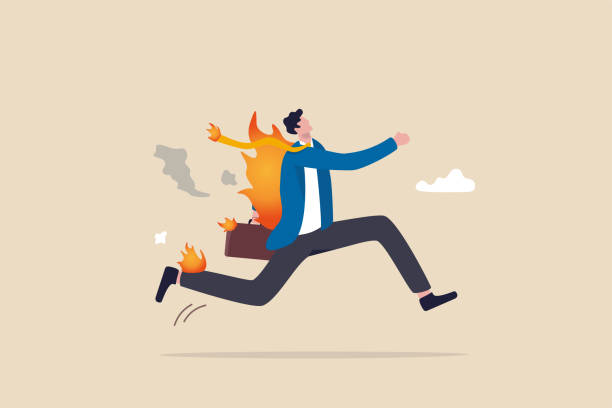 istock Business deadline, rush hour situation or in hurry to complete work concept, overworked businessman running on fire. 1317966572