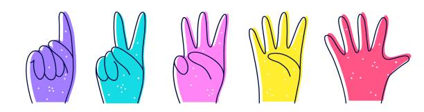 illustrazioni stock, clip art, cartoni animati e icone di tendenza di numeri con illustrazione mani in stile doodle. designazione dei numeri con le mani, gesti. conteggio a dieci - mani, geroglifici - one two three four