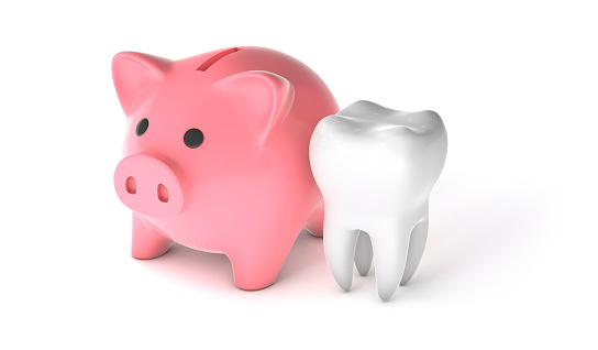 Pink piggy bank and tooth isolated on white background. The concept of saving for dental treatment. 3d render.