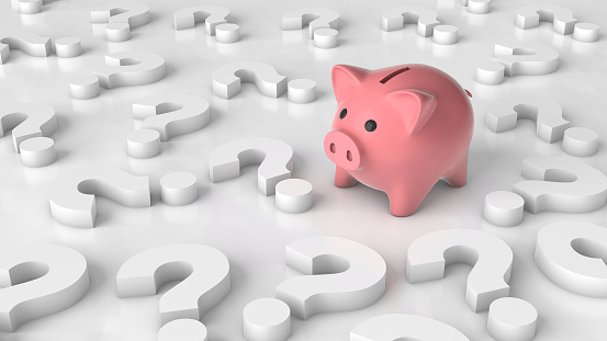 Pink piggy bank and question marks. The concept of where to invest money, investments. 3d render.