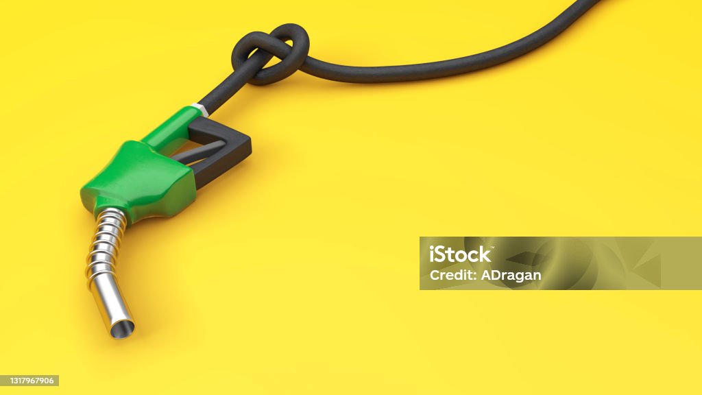 Fuel pump with hose Knot. Fuel sales limitation concept Fuel pump with hose Knot. Fuel sales limitation concept. Yellow background. Copy space for text. 3d render. Fuel Pump Stock Photo