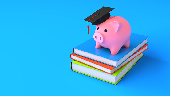 Piggy bank in a graduate's hat on the books. Concept of saving for education, expensive university. 3d render.