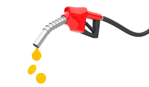 bomba de combustible con una gota de monedas de oro. el concepto de un precio caro del combustible. aislado sobre fondo blanco - gasoline fossil fuel dollar sign fuel and power generation fotografías e imágenes de stock