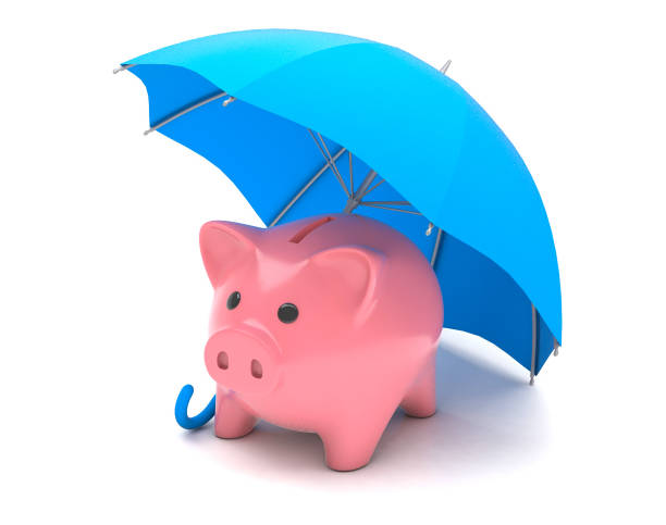 Piggy bank under a blue umbrella. Savings insurance stock photo