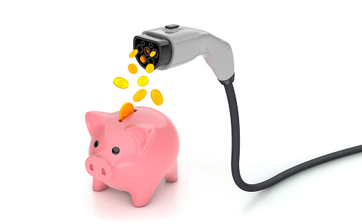 Coins fall into the piggy bank from the plug for charging electric car. Economy fuel concept. isolated on white background. 3d render.