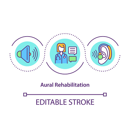 Aural rehabilitation concept icon. Audiologic rehab idea thin line illustration. Life quality improvement to people with hearing loss. Vector isolated outline RGB color drawing. Editable stroke