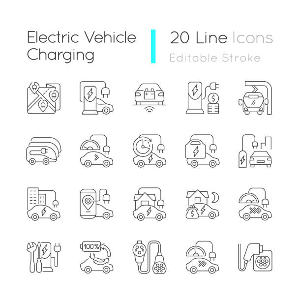 ilustraciones, imágenes clip art, dibujos animados e iconos de stock de conjunto de iconos lineales de carga de vehículos eléctricos - on the move