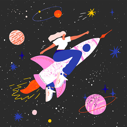 Feminism concept. Girl on a rocket flying in space to the stars and achievements. Cosmic power of a woman. Female International Woman Day. Girl Power Inspirational Poster. Banner, flyer or landing page concept for ui, web or mobile app. Hand drawn vector illustration.