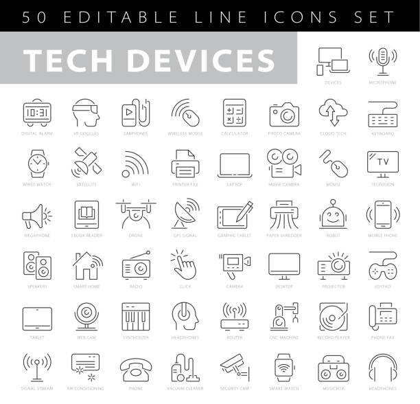 illustrazioni stock, clip art, cartoni animati e icone di tendenza di set di icone di linea dei dispositivi. computer, laptop, telefono cellulare, fax, scanner, illustrazioni vettoriali minime per smartphone. semplice segno di contorno piatto per web, app tecnologica. pixel perfect. tratti modificabili - negozio di elettrodomestici