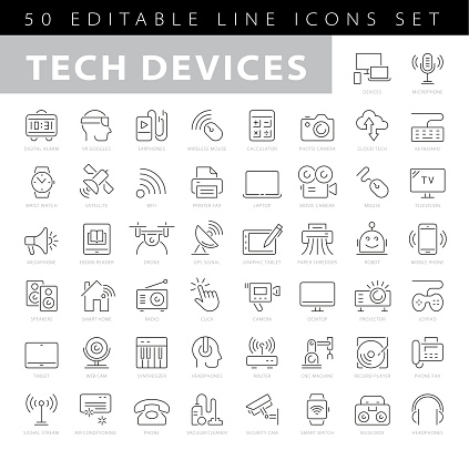 Devices line icons set. Computer, laptop, mobile phone, fax, scanner, smartphone minimal vector illustrations. Simple flat outline sign for web, technology app. Pixel Perfect. Editable Strokes