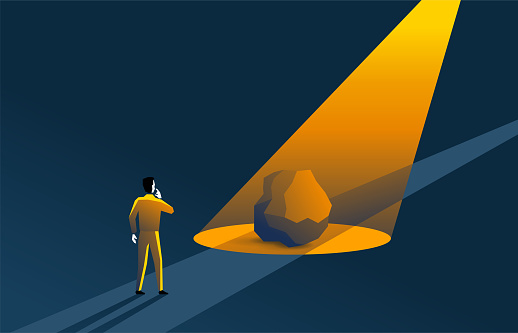 Stumbling block on the career or life path - polygonal person looking at rock stone in spotlight and confusing. Vector concept