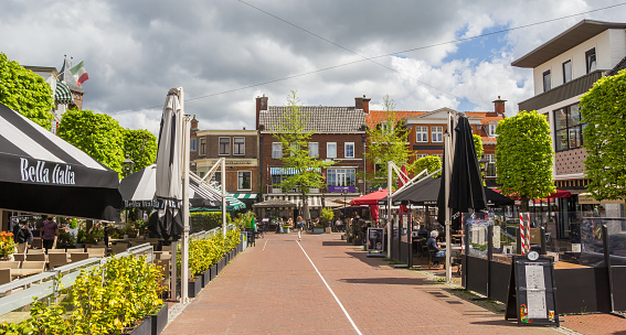 Panorama of bars and restaurants on the market square in Assen, Netherlands