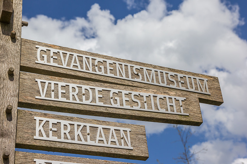 Wooden tourist sign for the prison museum in Veenhuizen, Netherlands