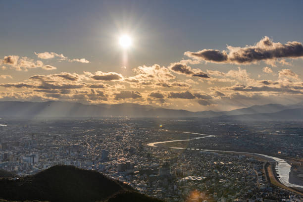 breathtaking japanese skyline panoramic photo with dramatic sunset and clouds in Gifu. breathtaking japanese skyline panoramic photo with dramatic sunset and clouds in Gifu. gifu prefecture stock pictures, royalty-free photos & images