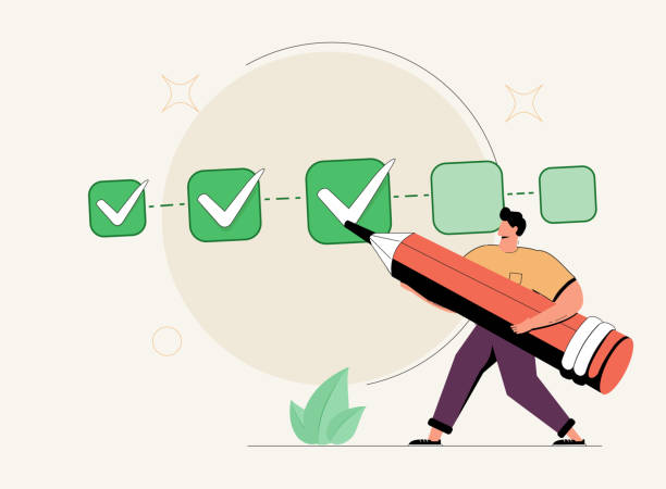 Project tracking, goal tracker, task completion or checklist to remind project progress concept, businessman project Project tracking, goal tracker, task completion or checklist to remind project progress concept, businessman project manager holding big pencil to check completed tasks in project management timeline. wishing stock illustrations