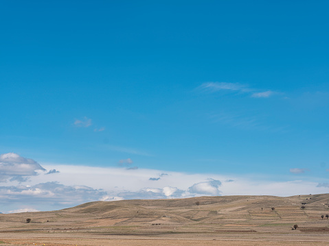 Barren fields beneath blue sky. Taken via medium format camera.