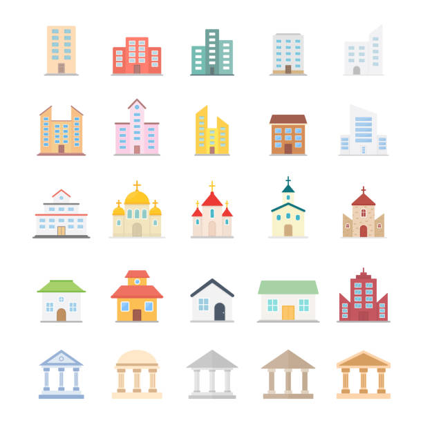 Building icon large set. Houses, churches, museums and universities. Building icon large set. Houses, churches, museums and universities. Modern buildings and estate symbol colorful collection. Vector isolated on white multiple churches stock illustrations