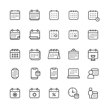 25 Calendar Outline Icons. Appointment, Birthday, Calendar, Checkmark, Christmas, Clock, Countdown, Date, Day, Deadline, Delivery, Document, Elections, Gift, Holiday, Hourglass, Infographic, Management, Medical Appointment, Meeting, Mobile App, Month, Office, Plan, Planning, Remember, Schedule, School, Season, Shipping, Smartwatch, Summer, Time, Time Management, Vacation, Valentine’s Day, Week, Winter, Year.