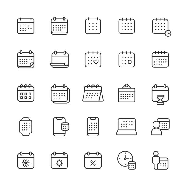 Calendar Line Icons. Editable Stroke. Pixel Perfect. For Mobile and Web. Contains such icons as Appointment, Clock, Date, Deadline, Holiday, Meeting, Office, Plan, Schedule, School, Time Management, Vacation, Valentine’s Day, Week, Winter, Year. vector art illustration
