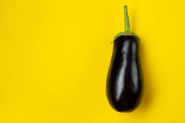 istock Fresh eggplant on a yellow background. Fresh vegetables. Space for text. 1317988703