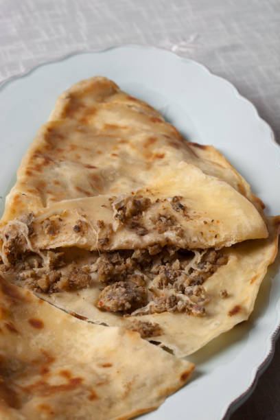 homemade delicious circassian gozleme (velibah) with potato. - circassian imagens e fotografias de stock