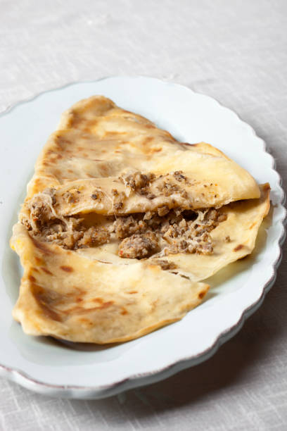 homemade delicious circassian gozleme (velibah) with potato. - circassian imagens e fotografias de stock
