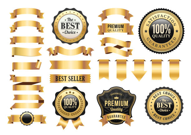 Gold Badges and Ribbons Set Vector illustration of the gold badges and ribbons set. web banner stock illustrations