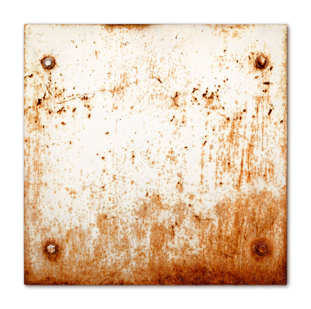 Rusty Painted Metal Sign Rusty metallic sign with chipping paint and bolts isolated on white background rust texture stock pictures, royalty-free photos & images