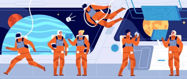 ilustrações de stock, clip art, desenhos animados e ícones de spaceship crew. ship station interior, spacecraft cabin dashboard and engineer. interstellar woman astronaut or cosmonaut utter vector concept - quiet time