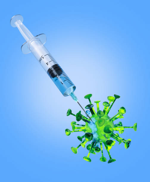 istock Coronavirus virus with an injection syringe. Vaccination creative concept. 3D Rendering illustration. 1317995511