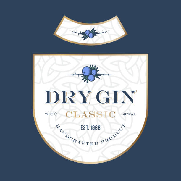 Dry Gin label. Juniper berries with leaves and thorns. Celtic pattern and berries on shield shape. Illustration for label, packaging for alcohol products. Celtic pattern. gin stock illustrations