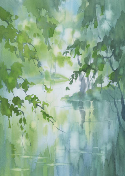 샘수화 배경의 숲속의 개울 - watercolor painting paintings landscape tree stock illustrations