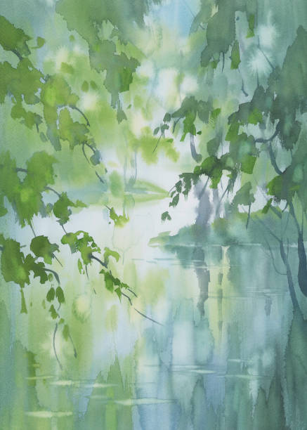 A stream in the forest in spring watercolor background A stream in the forest in spring watercolor background. Green landscape watercolor painting landscapes stock illustrations