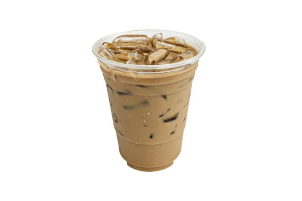 iced latte coffee in take away cup, iced coffee on isolated white background with clipping path - latté cafe macchiato cappuccino cocoa imagens e fotografias de stock