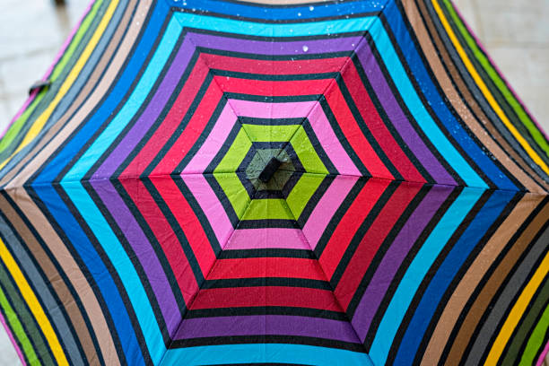Multicolor umbrella close-up in drops of rain, geometric rainbow pattern, abstract background, copy space