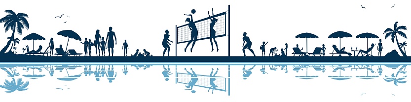 Silhouette drawing of families with children having fun on the beach and young people playing volleyball. Crowded people silhouettes on vacation