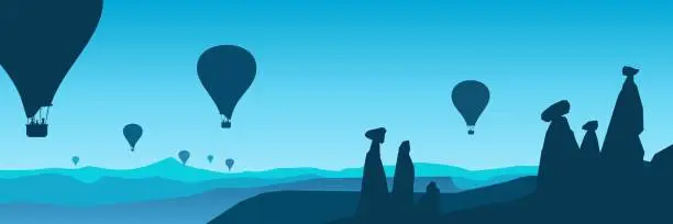 Vector illustration of People who travel by balloon in the sky and nature view