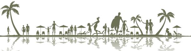 People on the beach, summer holidays. Hotel tourism Drawing of happy people silhouette on the beach. silhouette mother child crowd stock illustrations