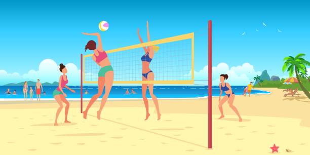 beachvolleyball. vier damen spielen beachvolleyball. - strand volleyball stock-grafiken, -clipart, -cartoons und -symbole