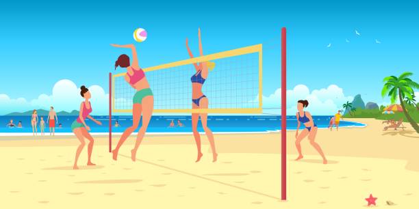 ilustrações de stock, clip art, desenhos animados e ícones de beach volleyball. four ladies playing beach volleyball. - volleyball beach volleyball beach sport