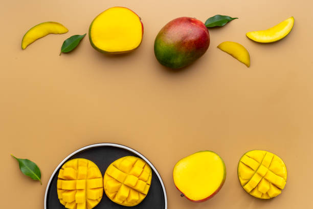 istock Breakfast with mango fruits. Tropical fruits background. Top view 1318008048