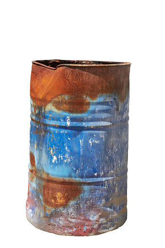 rusty metal barrel isolated single object on a white background