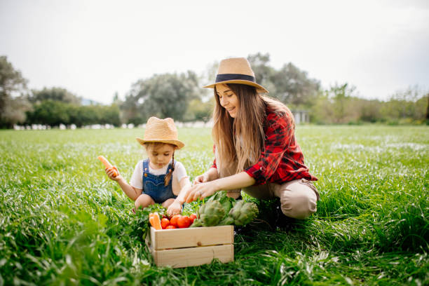 istock Mother and daughter with fresh vegetable in farm 1318011621
