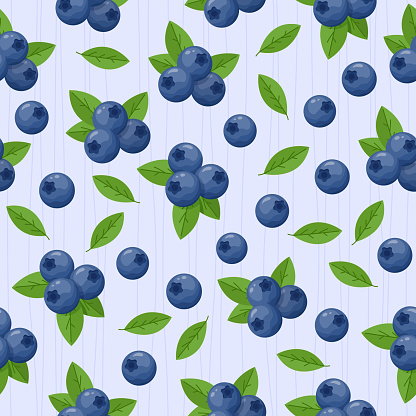 Blueberries with green leaves vector seamless pattern.