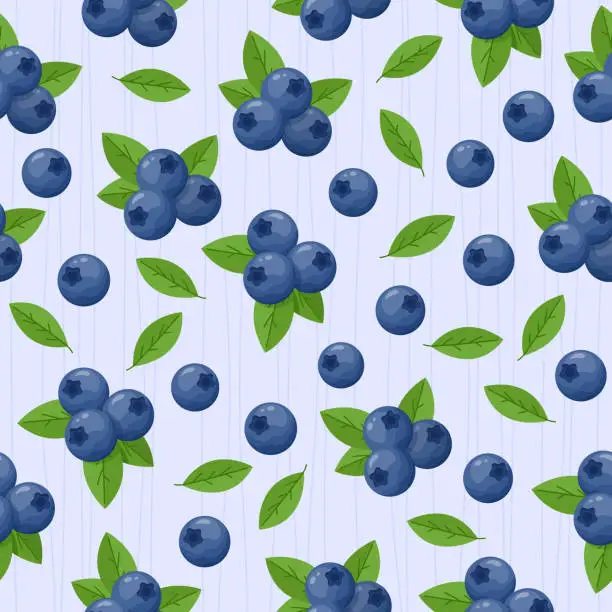 Vector illustration of Blueberries with green leaves vector seamless pattern.