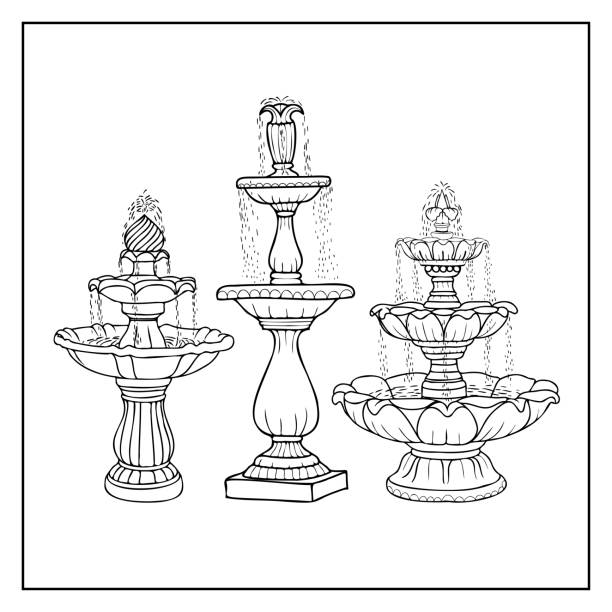 illustrazioni stock, clip art, cartoni animati e icone di tendenza di set fontana antico cascata, disegno a mano - fountain formal garden ornamental garden water